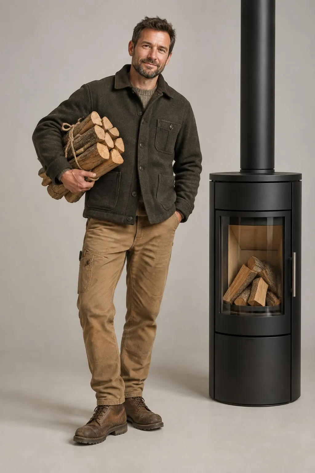 Bois de chauffage et poêle dans un studio lumineux